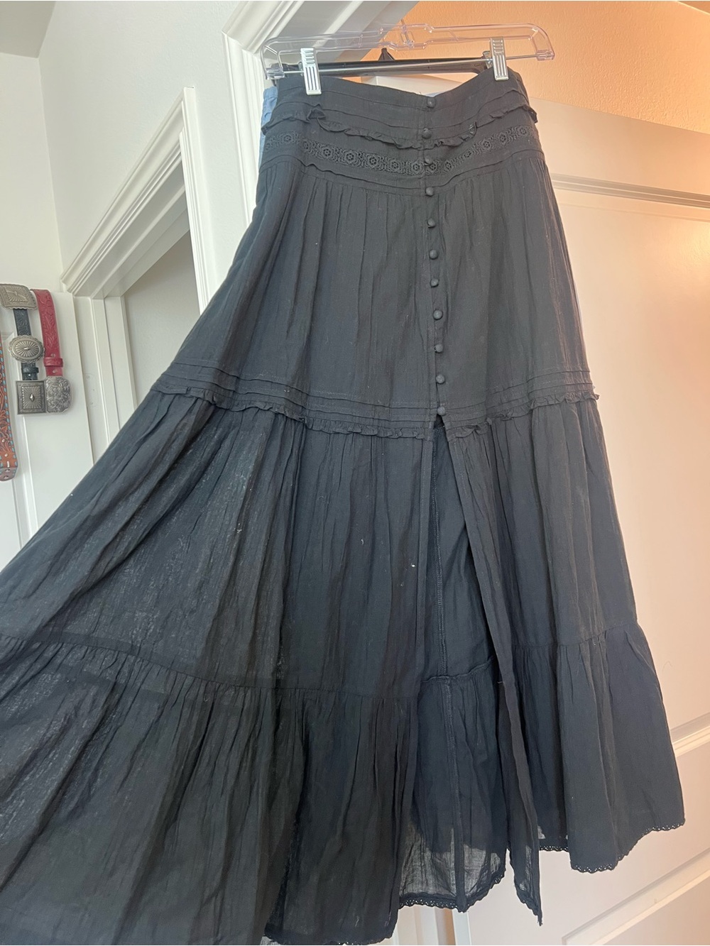 aerie Black Tiered Maxi Skirt with Button Front